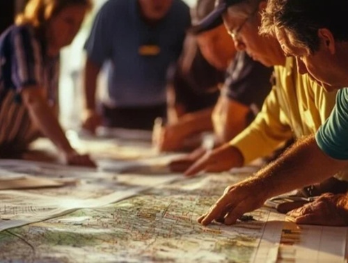 Imatge de gent treballant de forma cooperativa sobre un mapa